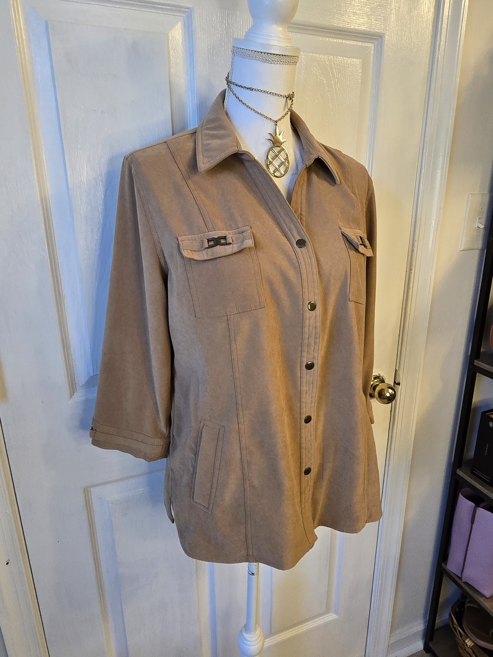 JM Collection Jacket Womens P/L Women’s Button-Front Utility Jacket in Taupe